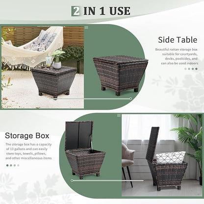 Outdoor PE Wicker Side Table with Storage, Small Patio Storage Bin Container for Hose Cushion Towel