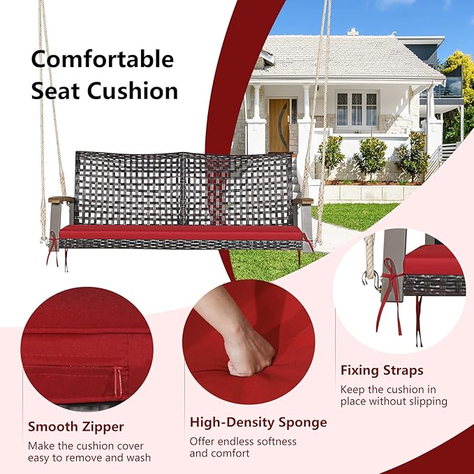 RELAX4LIFE 2-Seater Outdoor Porch Swing - PE Wicker Porch Loveseat Swing with 118” Hanging Ropes - Photo 3