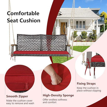 RELAX4LIFE 2-Seater Outdoor Porch Swing - PE Wicker Porch Loveseat Swing with 118” Hanging Ropes, Comfortable Cushion & Acacia Wood Armrests, Hanging Swing Bench for Porch, Garden, Yard (Red)