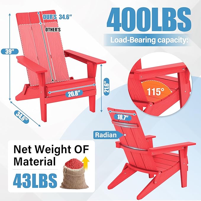 YEFU Adirondack Chairs Oversize Folding :400lb Weight Capacity - Plastic Adirondack Chairs - High Back Modern Like Wooden - All-Weather Use for Outdoor/Patio/Fire Pit/Garden/Camping - (Red)