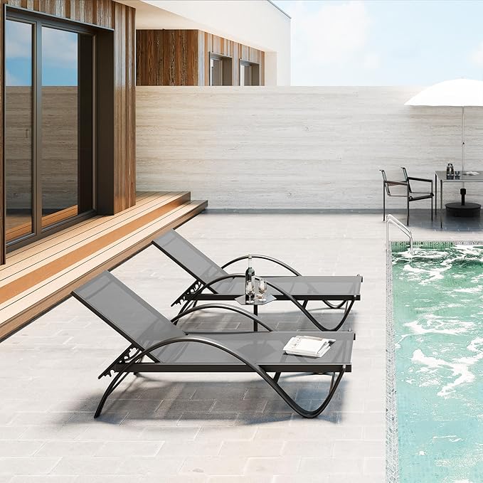 SUNLEI Lounge Chair for Outside Set of 2, Pool Chaise Lounge with S-Shaped Armrest, Patio Lounge Chairs, Patio Chaise Lounge for Outdoor, Dark Grey