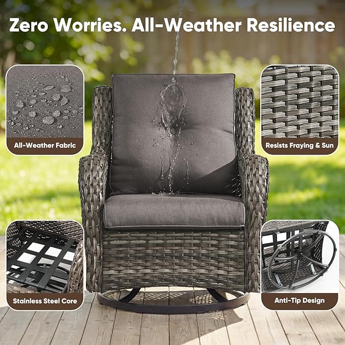Belord 3 PCS Patio Furniture Set - Mixed Grey Wicker Swivel Rocking Chair Set with Side Table - Photo 2