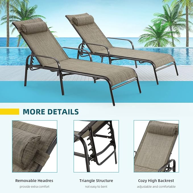 EROMMY Patio Lounge Chairs Set of 2, All-Weather Waterproof Upgraded Outdoor Pool Chaise Lounge Chairs with Adjustable Backrest for Beach Yard Poolside