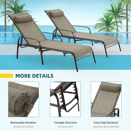 EROMMY Patio Lounge Chairs Set of 2, All-Weather Waterproof Upgraded Outdoor Pool Chaise Lounge Chairs with Adjustable Backrest for Beach Yard Poolside