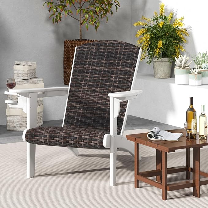 Tangkula Patio Wicker Adirondack Chair, HDPE Lounge Chair w/Rattan Padded Seat & Back, Wide Armrests & Hidden Cupholder, Outdoor All-Weather Adirondack Fire Pit Chair for Backyard, Lawn (2, White)