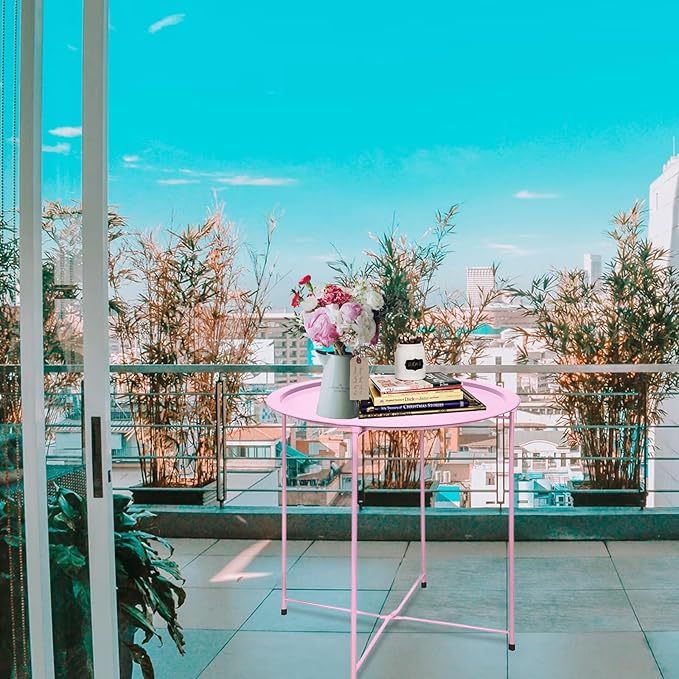 Garden 4 you End Table 2 PCS Metal Side Table Pink Round Folding Tray Cyan Sofa Small Accent Fold-able Table - Photo 9