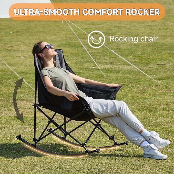 Oversized Folding Rocking Camping Chair, Padded Portable Rocking Chair with Pockets, Cup Holder and Carry Bag, Heavy Duty Outdoor Rocker Patio Chair for Garden, Lawn, Yard, Up to 400lbs, Gray