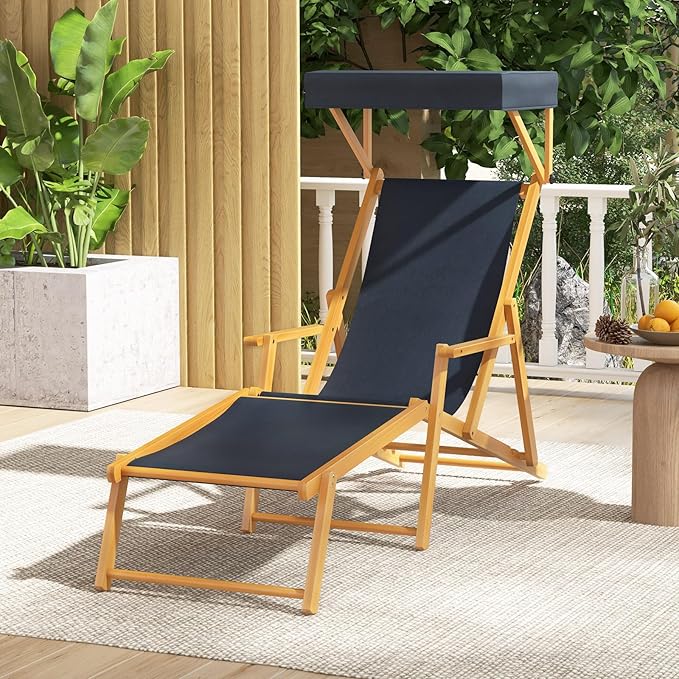 Giantex Lounge Chair Outdoor, Foldable Beach Chaise Lounge with Adjustable Canopy, Replacement Fabric, Wood Frame, Reclining Backrest & Footrest, Camping Chair for Patio, Poolside, Beach (1, Navy)