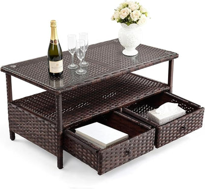 VINGLI Outdoor Wicker Coffee Table with 2 Drawers & Tempered Glass Top, Patio Coffee Table Outdoor Table for Balcony, Porch, Deck
