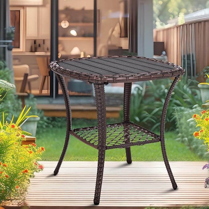 Outdoor Patio Side Table Small Brown Wicker Rattan End Table for Outside Storage Coffee Table with Poly Lumber Table - Photo 1