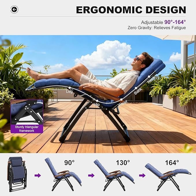PURPLE LEAF Oversized Outdoor Reclining Chair Patio Zero Gravity Chaise Lounge Folding Chair with Removable Cushion Adjustable Headrest for Lawn Camping Beach Pool Navy Blue