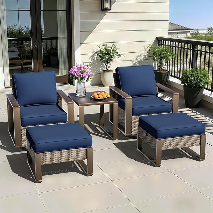 5 Pieces Metal Wicker Patio Furniture Set - 2 Swivel Rocker Chairs and 2 Ottomans, 1 Side Table - Photo 1