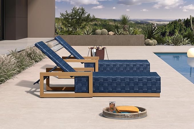 PURPLE LEAF Outdoor Chaise Lounge Set of 2, PU Leather Patio Lounge Chair Aluminum Pool Lounge Chairs with 5-Position Adjustable Backrest for Pool, Deck, Garden, Sunbathing, Navy Blue