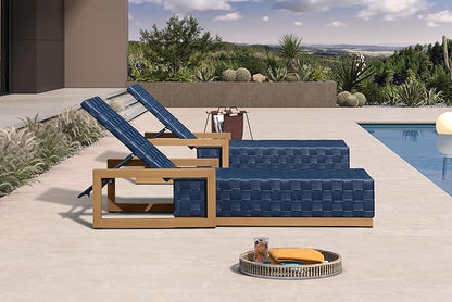 PURPLE LEAF Outdoor Chaise Lounge Set of 2, PU Leather Patio Lounge Chair Aluminum Pool Lounge Chairs with 5-Position Adjustable Backrest for Pool, Deck, Garden, Sunbathing, Navy Blue