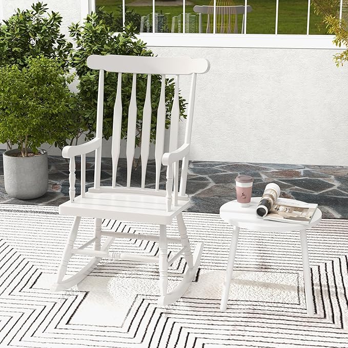 Tangkula Patio Rocking Chair Solid Rubber Wood, Outdoor Porch Rocker Chair with Rubber Wood Frame, Indoor Wooden Rocking Chair, Ideal for Garden, Backyard & Balcony (1, White)