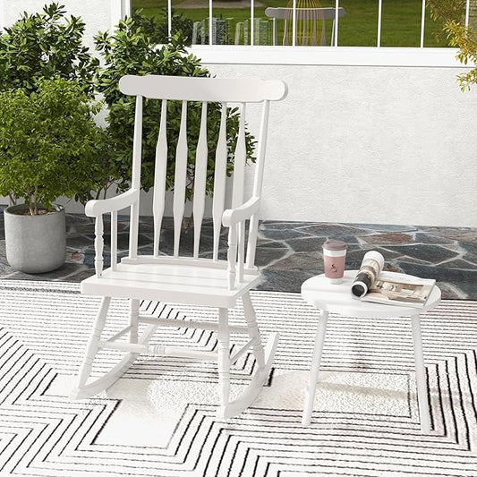 Tangkula Patio Rocking Chair Solid Rubber Wood, Outdoor Porch Rocker Chair with Rubber Wood Frame, Indoor Wooden Rocking Chair, Ideal for Garden, Backyard & Balcony (1, White)
