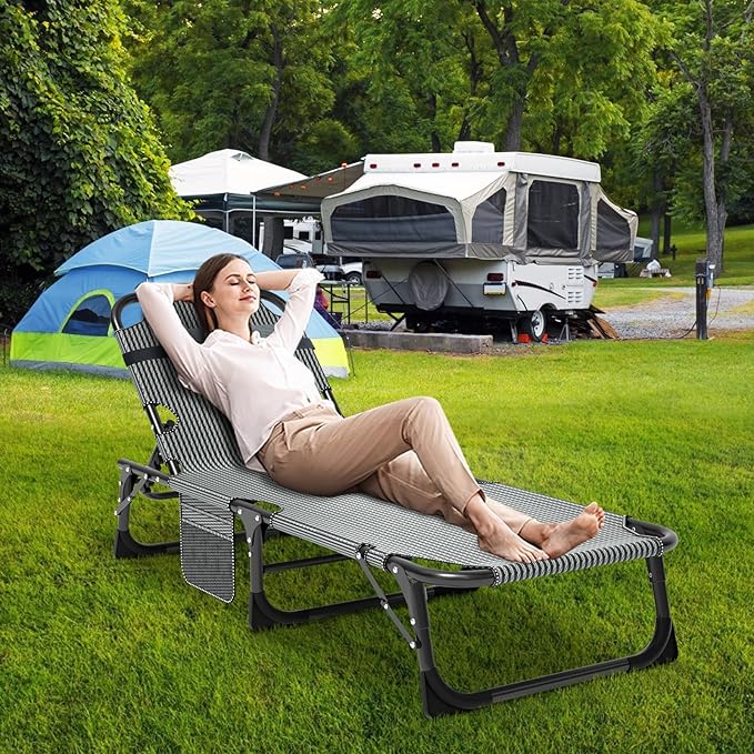 Slsy Folding Lounge Chairs Outdoor, Adjustable Sleeping Cot Chair, Portable Folding Bed Cot Chaise Lounge Chairs for Outside Beach Lawn Camping Pool Sun Tanning