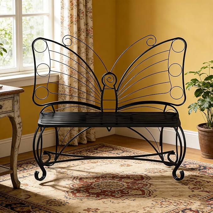 Small Metal Butterfly Garden Bench, Outdoor Benches Weatherproof, Patio Porch Bench for Outdoors, Outdoor Butterfly Chair Armless for Front Porch/Yard/Entryway (Black)