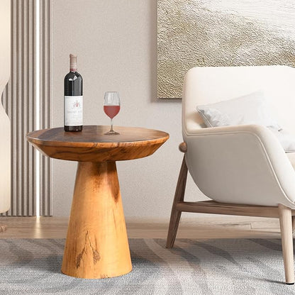 Mushroom Side Table, Teak Stool, Natural Plant Stand, 14" Tall Wood Round Coffee Table for Living Room, Bedroom, Garden, Yard