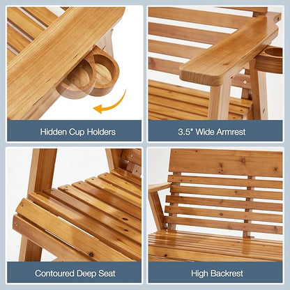 HOMREST Wooden Patio Glider Bench Chair Set with Cup Holders Outdoor Loveseat Glider with Ergonomic Deep Contoured Seat and High Roll Back, Heavy Duty 800LBS for Garden Porch Balcony, Brown