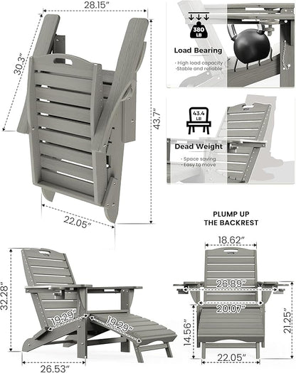 Ciokea Folding Adirondack Chair Set of 6 with Retractable Ottoman Fire Pit Patio Chair with Pull Out Foot Rest Weather Resistant Lawn Outdoor Chair with 2 Cup Holder (Grey)