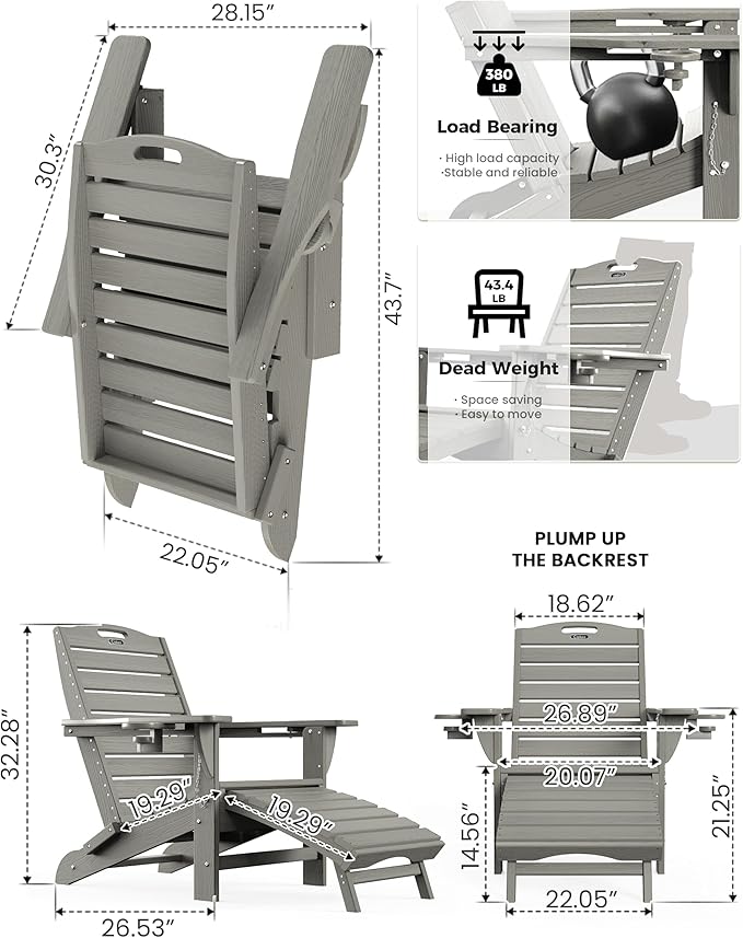 Ciokea Folding Adirondack Chair Set of 2 with Retractable Ottoman - Photo 3