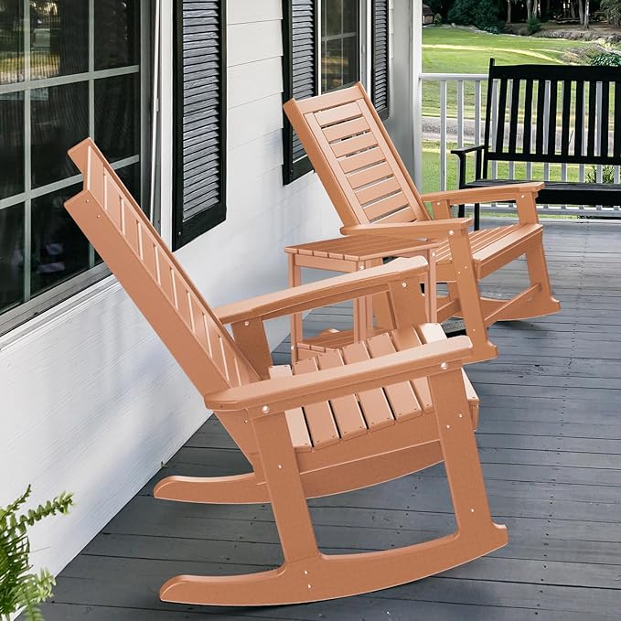 GREENVINES Outdoor Rocking Chair Set | 3-Piece | 2 Rocking Chairs with 1 Side Table | Porch Rocker | HDPE Plastic | Teak | Patio Furniture Sets | High Back | Big & Tall | Ladder Back
