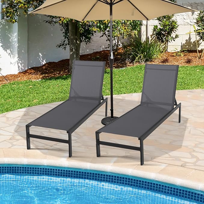 COSTWAY Lounge Chair Outdoor, Aluminum Frame Chaise Lounge with 6-Position Adjustable, Breathable Fabric - Photo 1