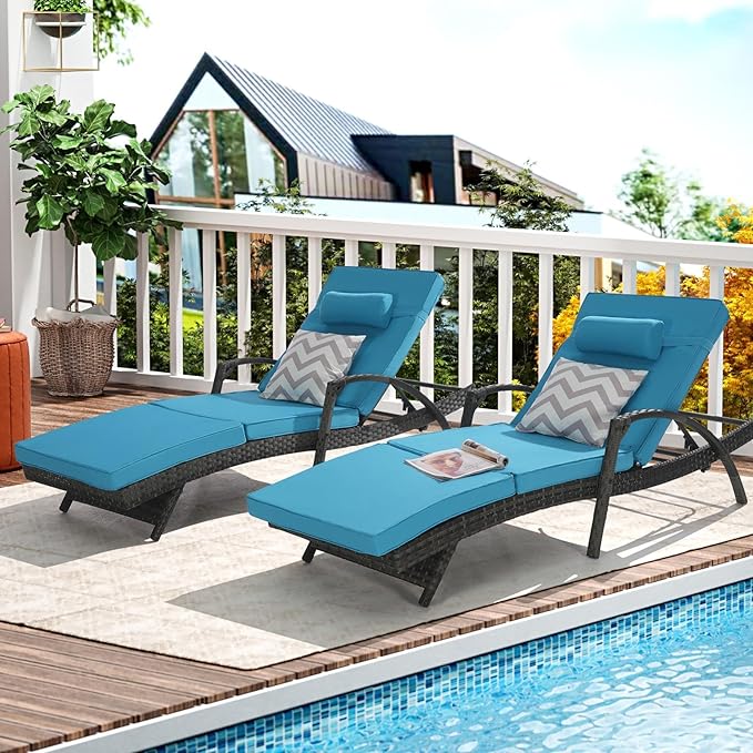 KEIKI Wicker Outdoor Chaise Lounge Chairs Set of 2 for Patio & Pool Side with 5-Level Adjustable Backrest and Cushions - Photo 1