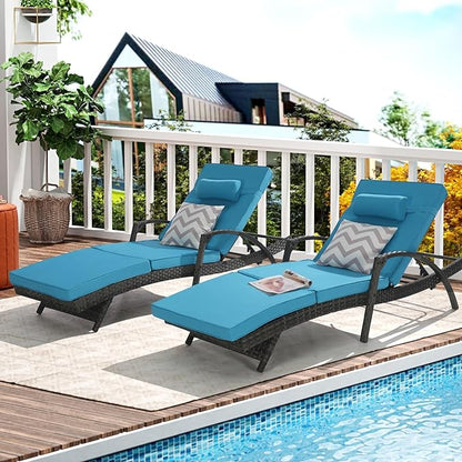 KEIKI Wicker Outdoor Chaise Lounge Chairs Set of 2 for Patio & Pool Side with 5-Level Adjustable Backrest and Cushions, Garden Beach Upholstered Couches Folding Sun Reclining Sofa Bed