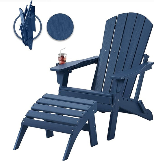 Folding Adirondack Chair with Cup Holder & Ottoman, HDPE All Weather Resistant Plastic Outdoor Patio Chairs, Heavy Duty Fire Pit Seating for Backyard Lawn Garden, Wood Textured(Navy Blue)