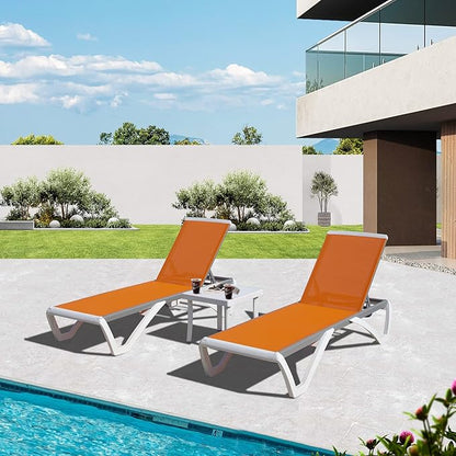 Domi Outdoor Chaise Lounges, Adjustable Aluminum Patio Lounges, Plastic Pool Lounge Chairs and Side Table for Deck Lawn Backyard(2 Orange Chairs W/Table)