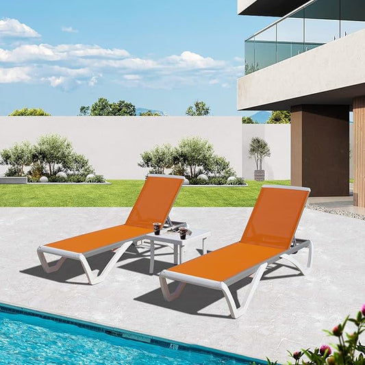 Domi Outdoor Chaise Lounges, Adjustable Aluminum Patio Lounges, Plastic Pool Lounge Chairs and Side Table for Deck Lawn Backyard(2 Orange Chairs W/Table)