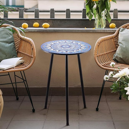 Metal Outdoor Side Tables Set of Two Small Outside Round End Table for Patio Modern Accent Garden Corner Table for Small Spaces, Balcony, Porch, Weather-Resistant, Plant Stand Indoor, Blue