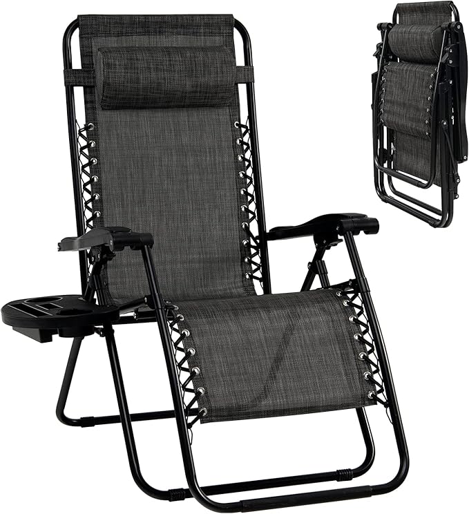 Goplus Zero Gravity Lounge Chairs, 160°Adjustable Folding Recliner w/Pillow and Cup Holder, 350LBS Comfy Outdoor Lounge Chairs for Patio, Lawn, Yard & Camp(1, Gray)