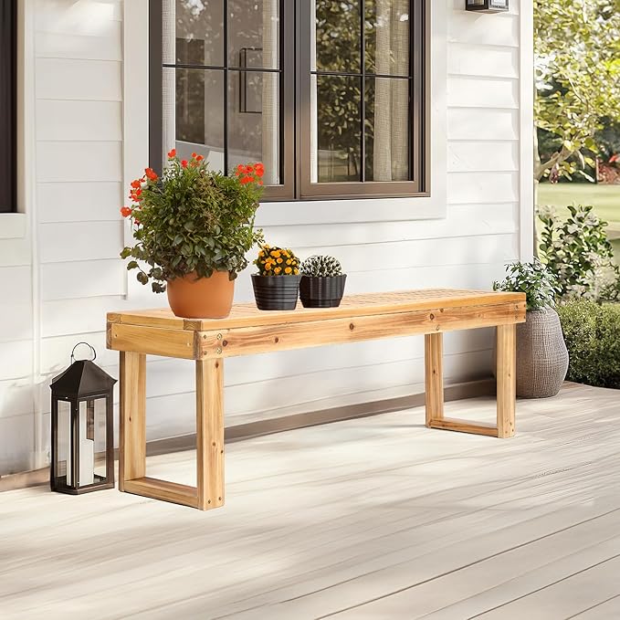 VINGLI Outdoor Wooden Bench Porch Bench, Wood Patio Garden Bench Weatherproof Outdoor Backless Bench for Backyard, Poolside, Entryway (Light Carbonized)