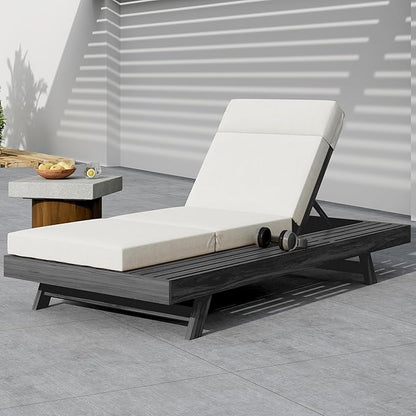 Christopher Knight Home Dami Patio Chaise Lounge Chair Outdoor with 4'' Foldable Cushion, Acacia Wood Poolside Sun Lounger, Space Available On One Side, Adjustable Backrest Pool Lounger, Black + Cream