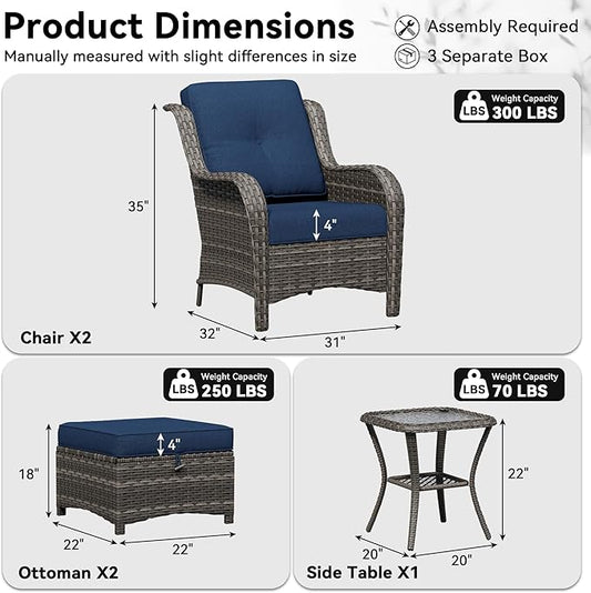 5 Piece Outdoor Wicker Patio Furniture Set, Patio Chairs Set with Thickened Olefin Cushions, High Back and Deep Seating, Hand-Woven PE Rattan, Ottoman for Porch, Deck