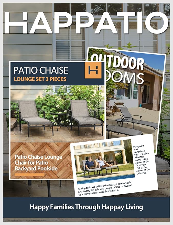 HAPPATIO Patio Chaise Lounge Set 3 Pieces, Patio Lounge Chair with Glass Coffee Table - Photo 4