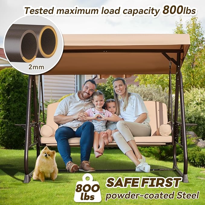 3 in 1 Outdoor Porch Swing with Adjustable Canopy, 3 Seat Outdoor Swing for Adults - Photo 2