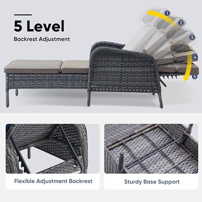 Belord Outdoor Chaise Lounge Patio Recliner - 75 Inch Adjustable Wicker Chaise Lounge with Soft Pillow Removable Cushions, All Weather Rattan Pool Lounge Chair for Poolside Deck Grey/Grey