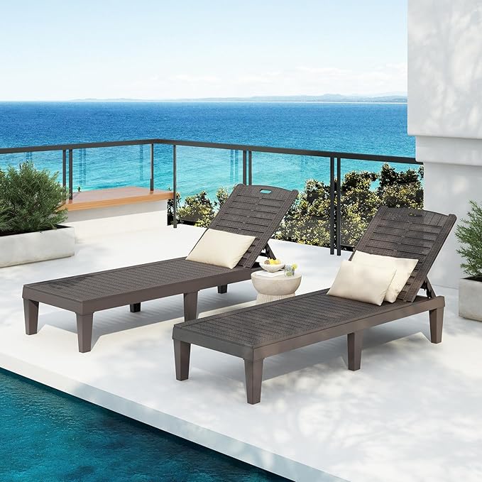 2-Piece Outdoor Chaise Lounges Resin Pool Lounge Chairs, Waterproof Lawn Chairs Lounge Outdoor with Adjustable Backrest, for Garden Beach Patio Poolside and Deck, Dark Brown