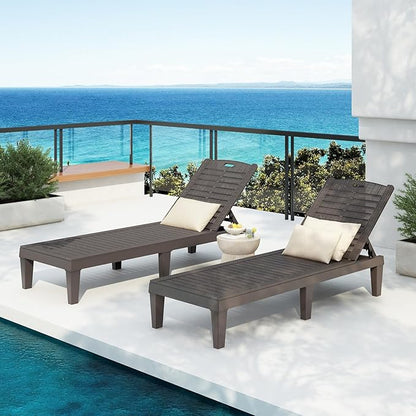 2-Piece Outdoor Chaise Lounges Resin Pool Lounge Chairs, Waterproof Lawn Chairs Lounge Outdoor with Adjustable Backrest, for Garden Beach Patio Poolside and Deck, Dark Brown