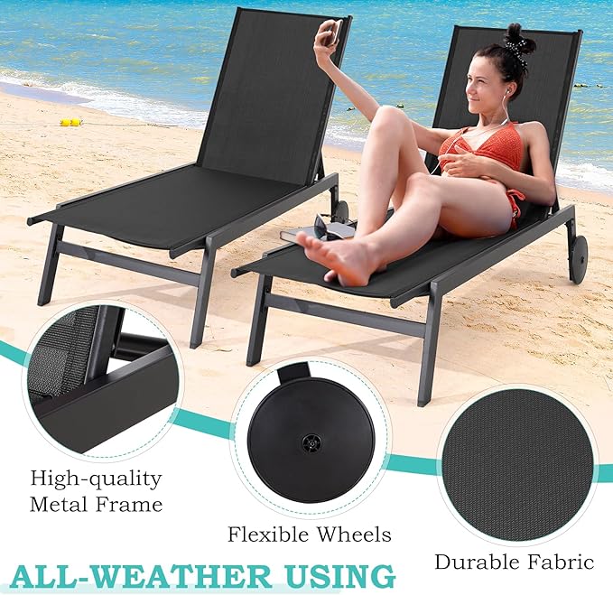 EROMMY Patio Chaise Lounge Chair Set of 2 with Wheels, Outdoor Lounge Chairs with Adjustable Backrest, Waterproof Poolside Lounge Chairs