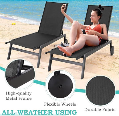 EROMMY Patio Chaise Lounge Chair Set of 2 with Wheels, Outdoor Lounge Chairs with Adjustable Backrest, Waterproof Poolside Lounge Chairs