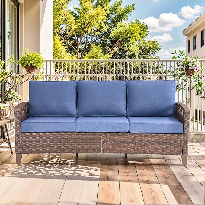 Luxury 5 Piece Heavy Duty Patio Furniture Set with Swivel Chairs - All Weather Wicker Comfort Thick Cushion Outdoor Conversation Set with 3 Seat Sofa & Ottoman for Porch Poolside Deck - Blue
