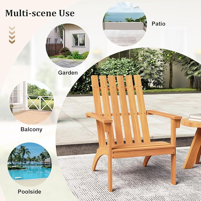 Tangkula Outdoor Adirondack Chair, Solid Acacia Wood Fire Pit Chair with Inclined Backrest, Curved Seat & Wide Armrests - Photo 9
