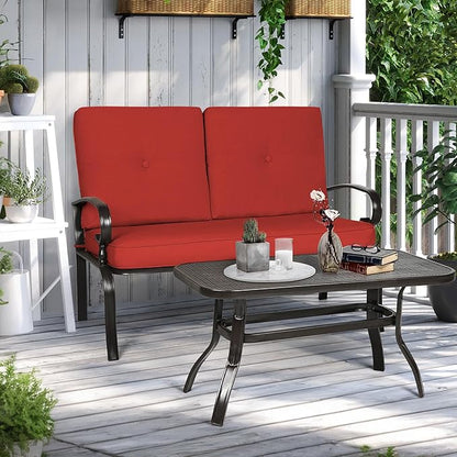 Incbruce Patio Loveseat with Coffee Table - Outdoor Bench with Cushion,2 Piece Wrought Iron Outdoor Loveseat Metal Frame Porch Furniture Set Bench for Patio, Poolside, Garden (Red)