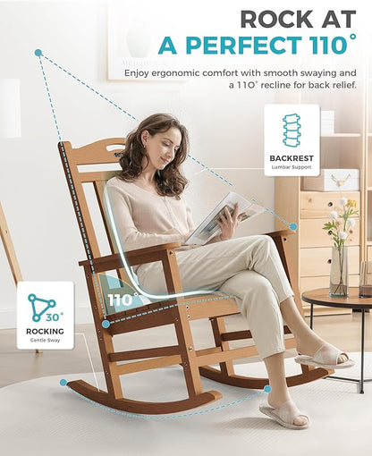 Ciokea Oversized Outdoor Rocking Chair, 380lbs Heavy-Duty Large Patio Rocker, Weather Resistant & Anti-Fade Porch Chair, High Back Cozy Rocking Chair for Outside, Fire Pit, Deck, Garden, Teak