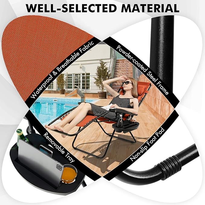 Giantex 2 PCS Zero Gravity Chair, Outdoor Chaise Lounge with Cup Holder, Patio Folding Chairs Recliner for Yard Pool Lawn Balcony, Orange